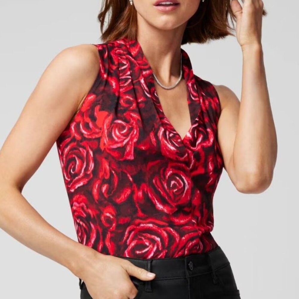 WHBM Rose-print Pleated V-neck Shell, Size XS, NWT